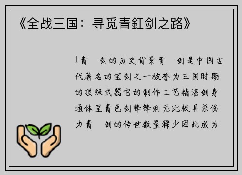 《全战三国：寻觅青釭剑之路》