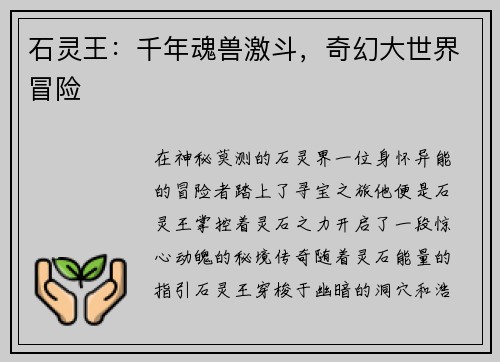 石灵王：千年魂兽激斗，奇幻大世界冒险